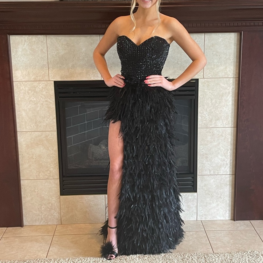 Black Strapless Sweetheart Slit Gown w/ Feathers